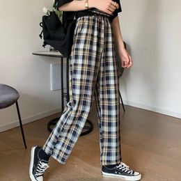 HOUZHOU Fashion Plaid Pants for Women Summer Wide Leg Pants Women Korean Style Trousers Women Vintage Chequered Pants 201111