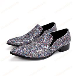 New Fashion Brilliant Sequins Genuine Leather Men Shoes Big Size Pointed Toe Slip on Formal Party Dress Shoes