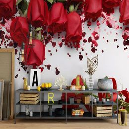 Custom Mural Wallpaper Modern Simple Red Rose Romantic Flowers Photo Wall Painting Wedding House Living Room Home Decor Frescoes