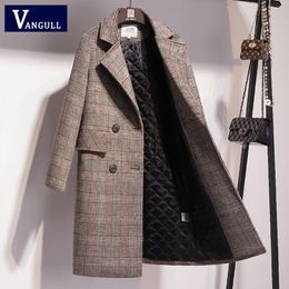 Vangull Chic Thicken Plaid Women Wool Coat Winter Slim Double Breasted Long Women Outerwear Office Lady Pocket Plus Size Coat LJ201110