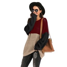 Large Size Thin Sweater Woman Loose Spring Clothes for Ladies Colour Block Knitted O Neck Long Pullover Jumper Oversized knitwear 201221