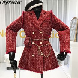 New Gold thread Plaid Suit Coat Women Notched Double breasted Feather Tassel Trim Slim Tweed Jacket With Free Belt bag 201210