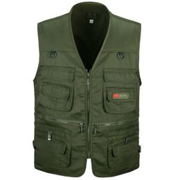 Vest Men Army Green waistcoat Multi-pocket travel or work wear sleeveless jacket plus size 201120