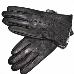 Fingerless Gloves Guantes Winter Men's Leather Deerskin Thickened Water Wave Style Fake Lining Autumn And Warm 1