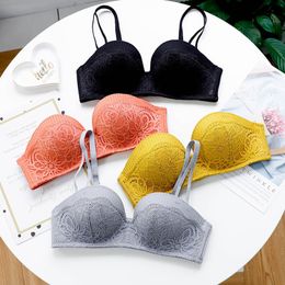 Roseheart New Women Fashion Yellow Sexy Lingerie Sets Wireless Lace Cotton Panties Padded Bras Push Up Bra Sets Underwear A B LJ201031