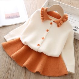 Winter Girl Long Sleeve Lapel Sweater Skirt Lovely Princess 1-5 Year Long Sleeve sweatert +pink Short Skirt Baby Clothing Set Child Clothes