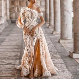 Vintage Champagne And Ivory Mermaid Wedding Dresses Full Lace Appliques Off Shoulder One Sleeve Long Thigh Slit Boho Beach Bridal Gowns 2021