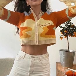 Oil painting short Colourful Knitted sweater women vintage longsleeve autumn winter Cardigan England Style Outerwear Chaqueta 201030