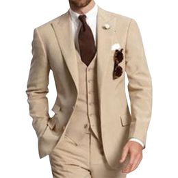 Beige Three Piece Business Party Best Men Suits Peaked Lapel Two Button Custom Made Wedding Groom Tuxedos Jacket Pants Vest 201027