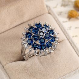 Exquisite Chic Blue Zircon Rings for Women Ladies Trendy Elegant Flower Princess Rings Christmas Jewellery Gifts Dropship Anillos