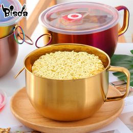 Stainless Steel Bowl With Lid and Handle Golden Instant Noodle Bowls Soup Food Container Silverware Rice Bowl Kit Dinnerware 201214