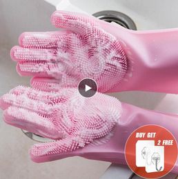 Luvas de borracha de limpeza de silicone Conveniente para cozinha casa de esponja de lavar louça multifuncional e durável 3 pares