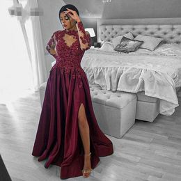 Elegant Burgundy Long Sleeves Evening Dresses side slit 2020 A-Line Satin Lace Appliques Beaded Dubai Arabic Formal Evening Gown Prom