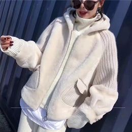 Harppihop*new knitted wool sleeve patchwork with faux rex rabbit fur coat women Loose hooded fur coat 201210