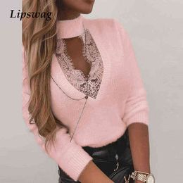 2021 Fashion Women Knitted Pullover Tops Sexy Hollow Out Patchwork Lace Blouse Office Ladies Turtleneck Long Sleeve Shirt Blusas H1230