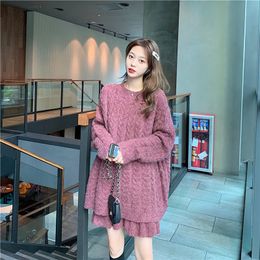 Women's Autumn Winter New Twist Woven Knit Sweater Set Loose O-neck Long Sweater Ruffled Knit Mini Skirt Two-piece ML240 201130