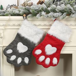 Christmas Stocking Dog Claw Socks New Year Candy Gift Bag Xmas Tree Fireplace Hanging Decoration Red Grey JK2011XB