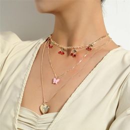 Bling Rhinestone Cherry Heart Pendant Choker Necklaces For Women Fashion Butterfly Thick Chain Multil Necklace Bijoux Jewelry