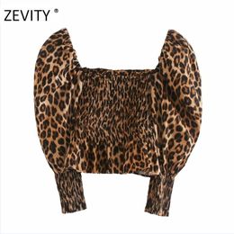 ZEVITY Women vintage leopard print short smock blouse ladies square collar elastic ruffles femininas shirt chic crop tops LS7047 201130
