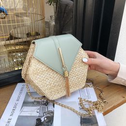 Hexagon Mulit Style Straw+leather Handbag Women Summer Rattan Handmade Woven Beach Circle Bohemia Shoulder Bag New Fashion Q1103