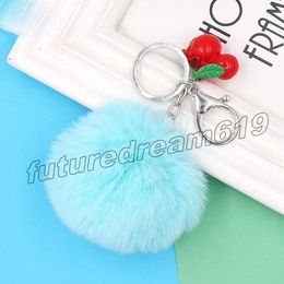 Soft Faux Rabbit Fur Pompons Keychains Cute Cherry Keyring Holder Fluffy Trinkets Pom Pom Bag Car Hanging Pendant Charms