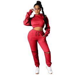 Fashion New Women Clothing Tracksuits Two Piece Set Winter Tracksuit Ladies Hooded Strapless Pullover Long Pants Suits Female Casual Sports Outfits
