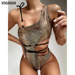 INGAGA Golden One Piece Swimsuit High Cut Swimwear Women Cut Out Monokini Sexy Cross String Bodysuit 2020 New Snake Bathing Suit T200708