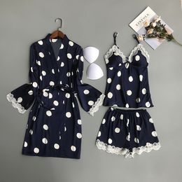 QWEEK Women Satin Sleepwear Polka Dot Pyjamas Women Silk Pijama Mujer Cute 3 Pieces Sets with Chest Pads Casual Pajama Sets Y200708