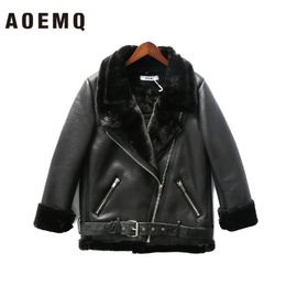 AOEMQ Retro New Lapel and Velvet Padded Fur One Coat Warm Fashion PU Leather Lamb Hair Motorcycle Clothing Bomber Jacket LJ200825