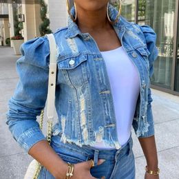 Women's Jackets Autumn Women Puff Sleeve Hole Denim Plus Size Single Breasted Short Jean Jacket Female 2021 Ripped Streetwear Lady Coat