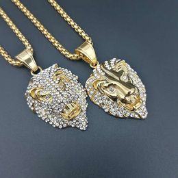 316 Stainless Steel Gold Gothic Punk Mens Lion's Head Pendant Charm Tag Cuban Hip Hop Necklace With Rhinestones