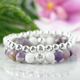 MG1084 Purple Crystal Bead Mala Bracelet Set Essential Oil Diffuser Bracelet White Lava Stone Energy Bracelet Best February Birthstone Gift