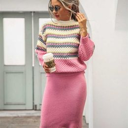 Winter Two Piece Set Womens Lantern Sleeve Striped Knitted Pullovers+Midi Skirts Sweater Suits for Ladies Autumn Knit Outfits 211221