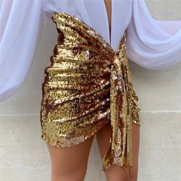 Summer Women's Short Dress Stretch Sequined Sexy Knot Draped Pleated Skirt Shinny Female Party Evening Colorful Mini Skirts Y1214