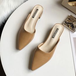 Sexy Pointed Toe Womens Slippers Slip On Ladies Mules Low Heel Woman PU Leather Pumps Summer Casual Slides Female X1020