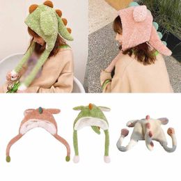 Women Winter Fluffy Plush Hoodie Scarf Hat with Moving Jumping Ears Funny Cartoon Dinosaur Toy Thicken Warm Earflap Cap