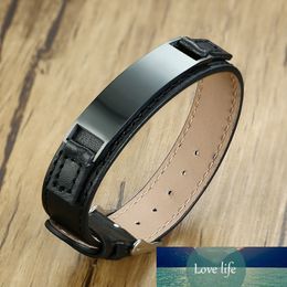 Custom Mens Bracelets 99% Black Genuine Leather Wristbands Personalised Stainless Steel ID Tag Male Boyfriend Gifts