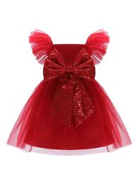 Baby Ruffle Trim Contrast Sequins Bow Back Mesh Gown Dress SHE