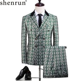 Shenrun Men Fashion Double Breasted Suit Green Floral Pattern High Quality Groom Suits Party Prom Stage Costume Singer Drummer 201105