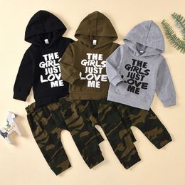 Baby Camouflage Outfits Boys Letter Hooded Sweatshirt Top + Camouflage Pants 2pcs/set Cotton Kids Clothing Sets Home Clothing M2336