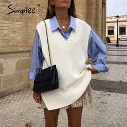 Simplee Fashionable White V-Neck Sweater Winter cosy sleeveless loose women's Pullover High street casual soft sweater NEW 201221