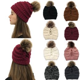 2021 New Ponytail Messy Bun Beanie Womens Beanie Ribbed Hat Cap Ball Top Thick Knitted Earwarmer Warm Sull Caps Dual Purpose