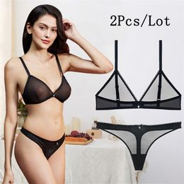 Varsbaby sexy G-strings yarn underwear deep V see-through bow transparent bra and thongs set Y200708