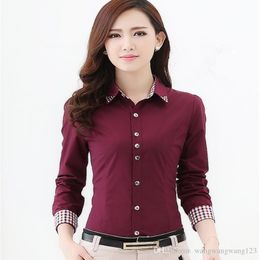 spring autumn women Career wear Office blouse tops Shirt Long Sleeve red white Korean lady Slim Cotton Blend Formal Workwear