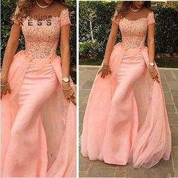 detachable prom dresses Australia - Arabic Dubai Pink Evening Dresses With Detachable Skirt Mermaid Off Shoulder Cap Sleeve Lace Appliqued Formal Women Occasion Party Gowns Prom Dress BO9049