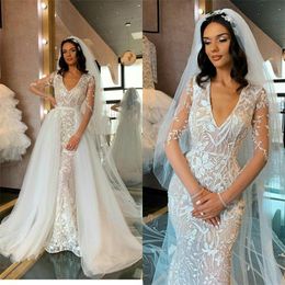 2021 Mermaid Wedding Dresses With Detachable Train V-neck Long Sleeve Bridal Gowns Full Appliqued Lace Sweep Train Vestidos De Novia