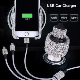 Dual USB Car Charger For Mobile Phone Tablet GPS Fast Charger Crystal Diamond 3 Data Line Wire in Cigarette Lighter