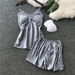 Women's Sleepwear Womens Sexy Satin Sling Lingerie Nightdress Underwear Set Silk Robe Floral Lace Sleeveless Casual Nightwear1