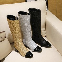 Boots Fashion Bling Women Knee High Thick Heel Zipper Long Ladies Winter Black Silver Gold Big Size 431