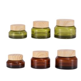 Cosmetic Glass Jars 15g 30g 50g Amber/Olive Green Skin Care Face Cream Containers With Plastic Wood Grain Cap